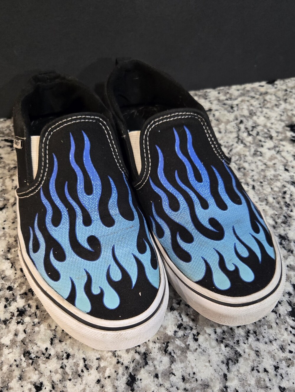 Vans Black With Blue Flames Slip On Skater Sneakers Size 6